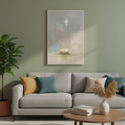 Framed Christmas wall art of Baby Jesus in the manger displayed in a cozy living room with soft, peaceful tones.