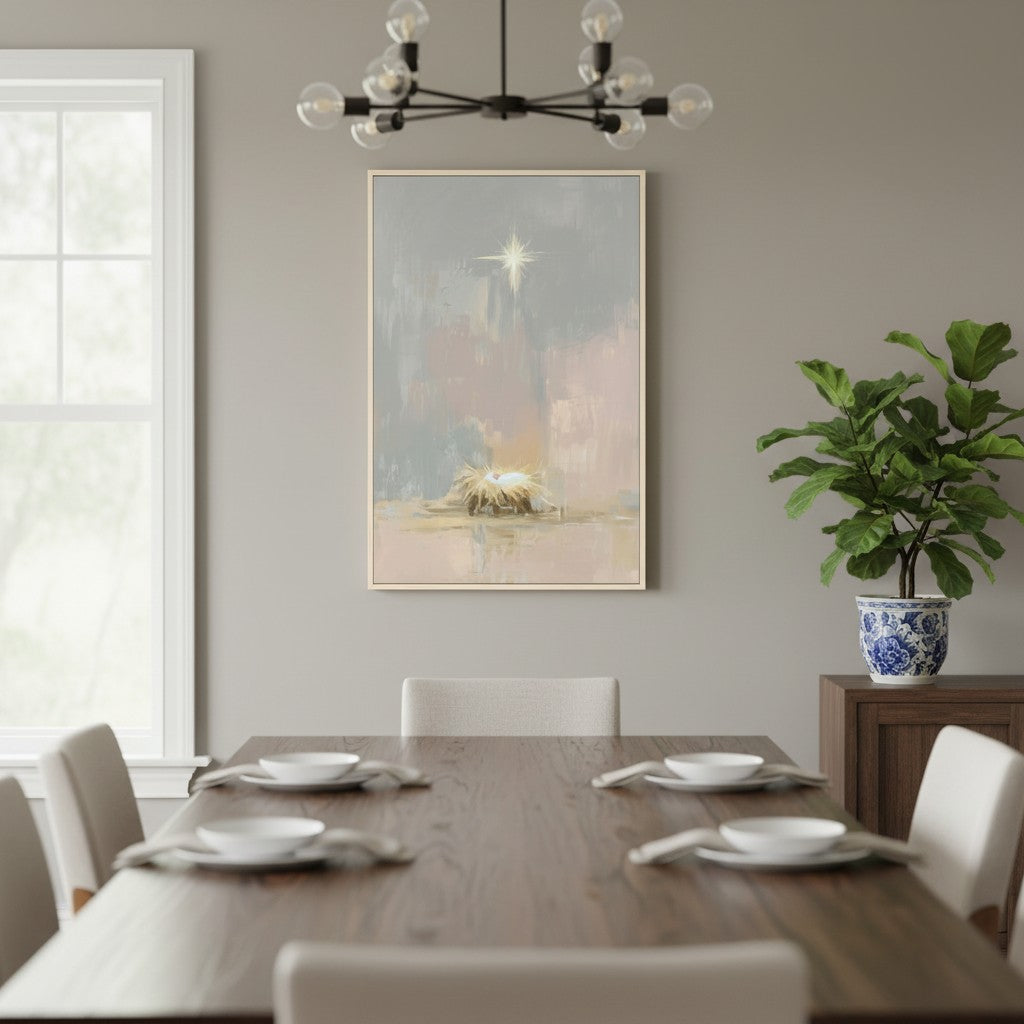 Christian Christmas wall art depicting Baby Jesus in the manger under a glowing star, symbolizing divine peace and hope.