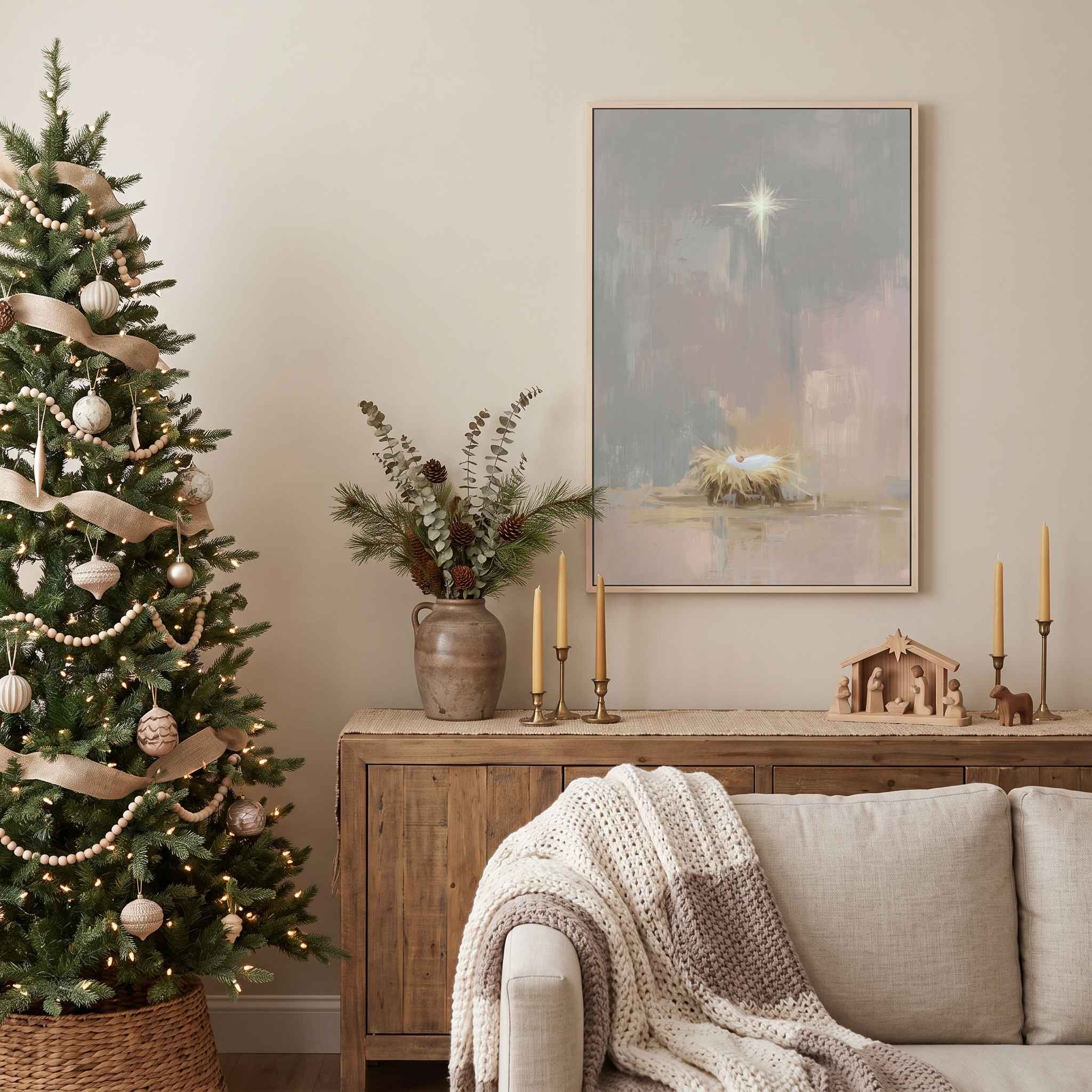 Baby Jesus in the Manger Christmas wall art showing the Star of Bethlehem above the manger, displayed beside a decorated Christmas tree in a cozy living room.