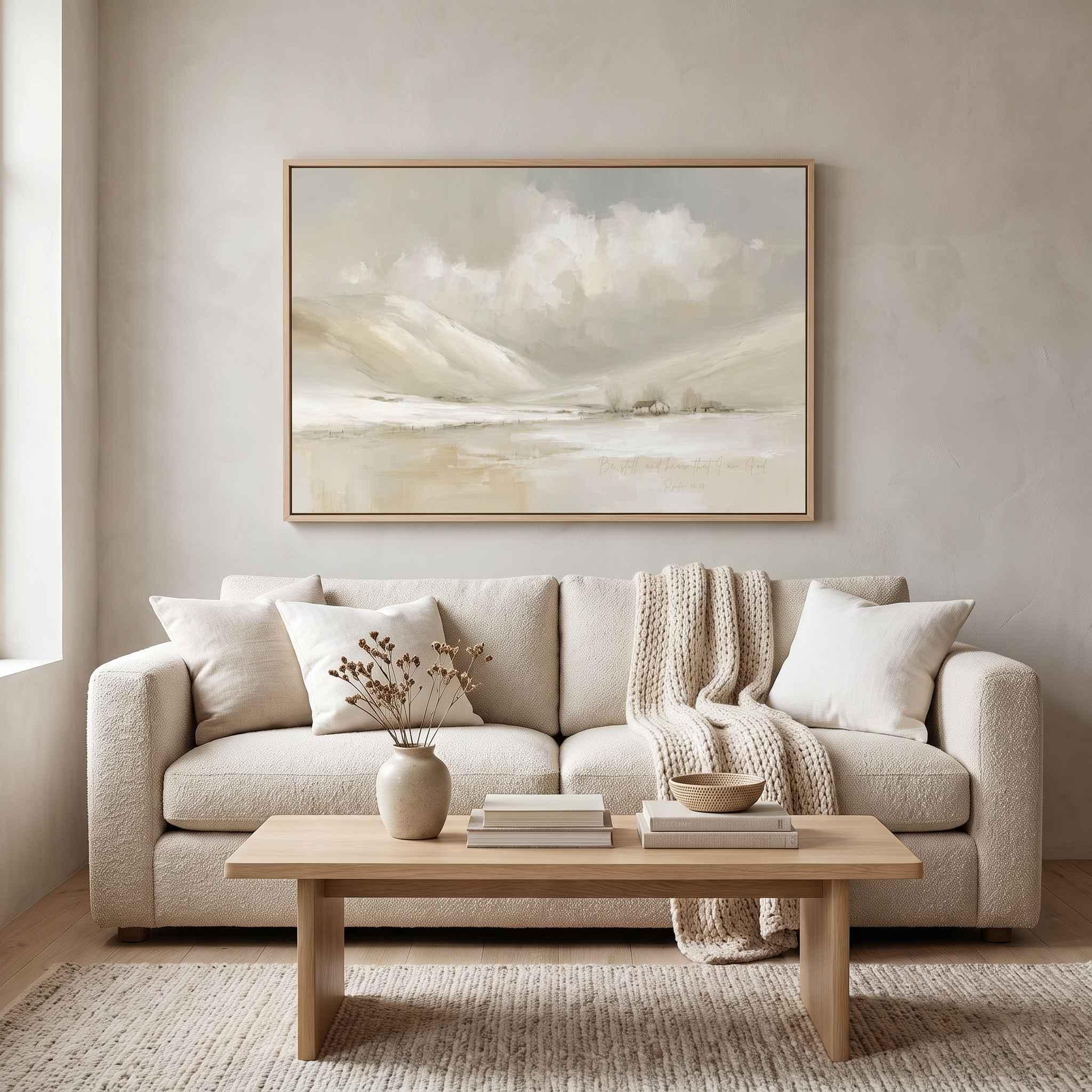 Framed vintage Christian winter landscape wall art titled Be Still and Know with Psalm 46:10 verse, displayed above a beige sofa in a soft organic modern living room.