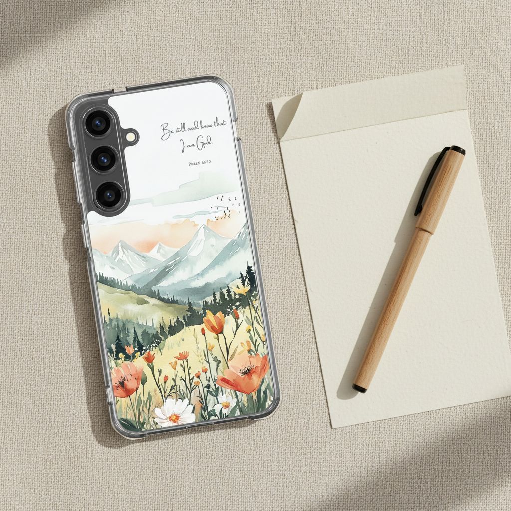 Be Still and Know Christian Samsung phone case featuring a mountain landscape and wildflower design with Psalm 46:10, pictured in a flat lay on a textured beige surface next to a wooden pen and an envelope.