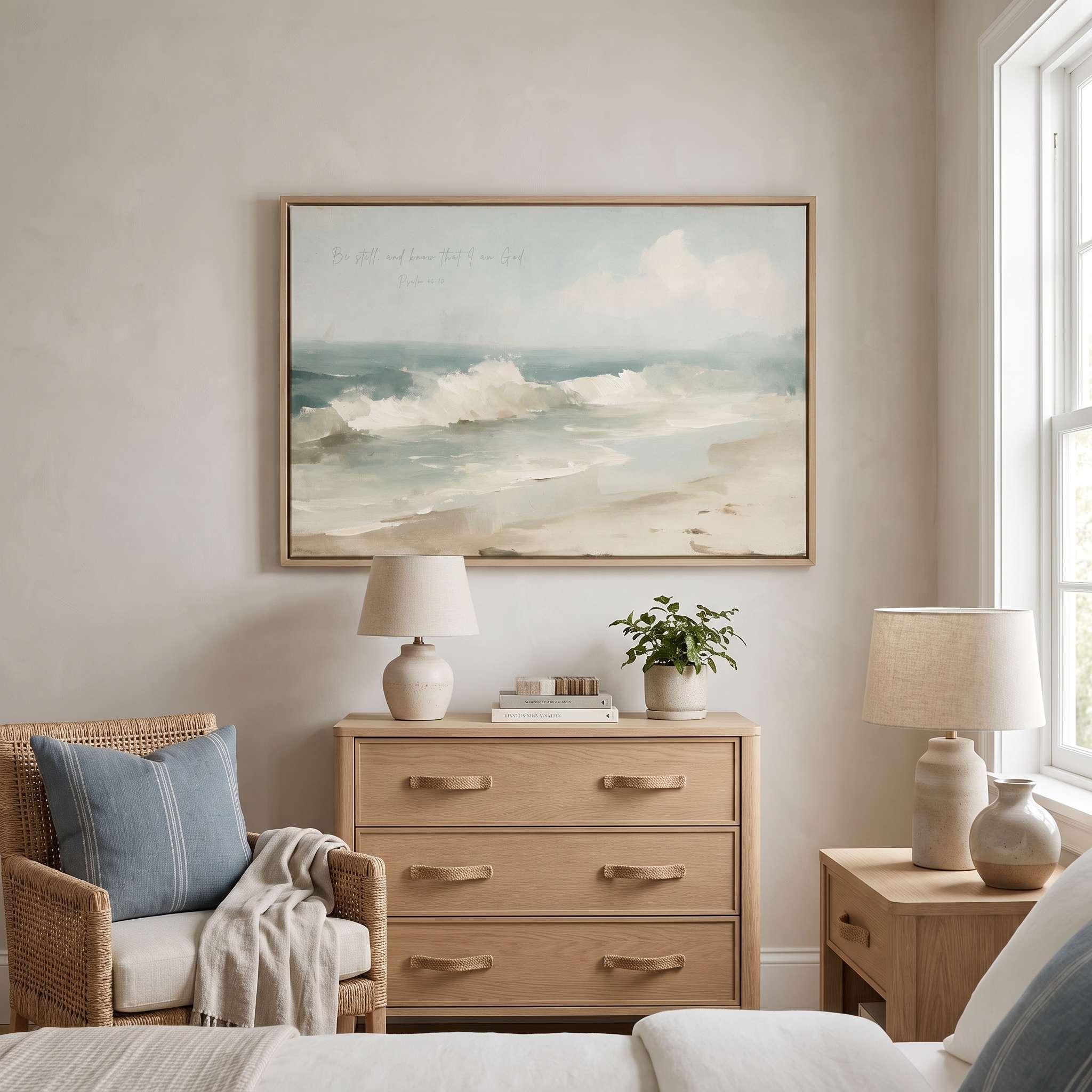 Framed vintage Psalm 46:10 Christian landscape canvas wall art featuring a coastal beach scene hanging on a beige wall above a light wood dresser in a styled bedroom with a wicker armchair.