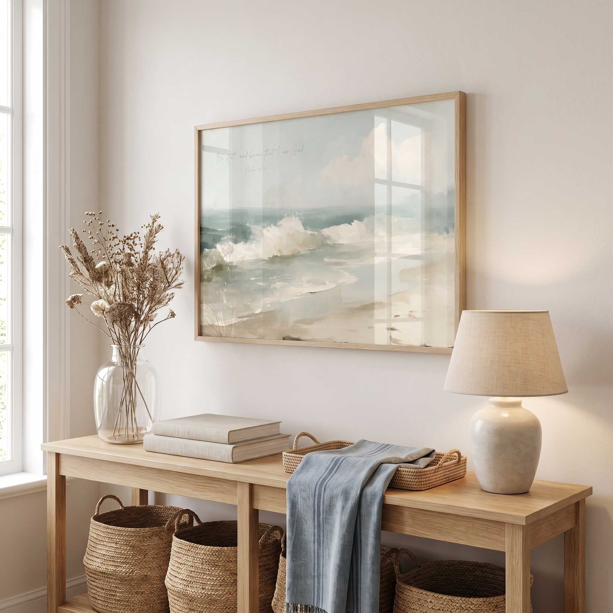 Framed vintage Psalm 46:10 Christian landscape canvas wall art featuring a coastal beach scene hanging on a light beige wall above a wooden console table with a ceramic lamp, stacked books, dried flowers, and woven baskets.