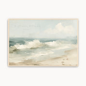 Vintage Psalm 46:10 Christian wall art featuring a calm coastal beach landscape canvas print with handwritten script scripture, crashing ocean waves, sandy shore, and a maple wood frame.