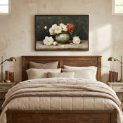 Be Still | Psalm 46:10 Christian wall art displayed above a wooden bed in a cozy farmhouse bedroom, featuring vintage floral artwork that inspires peace, trust, and quiet reflection.