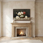 Be Still | Psalm 46:10 Christian wall art displayed above a modern stone fireplace mantel, featuring vintage floral artwork that inspires peace, trust, and quiet reflection.