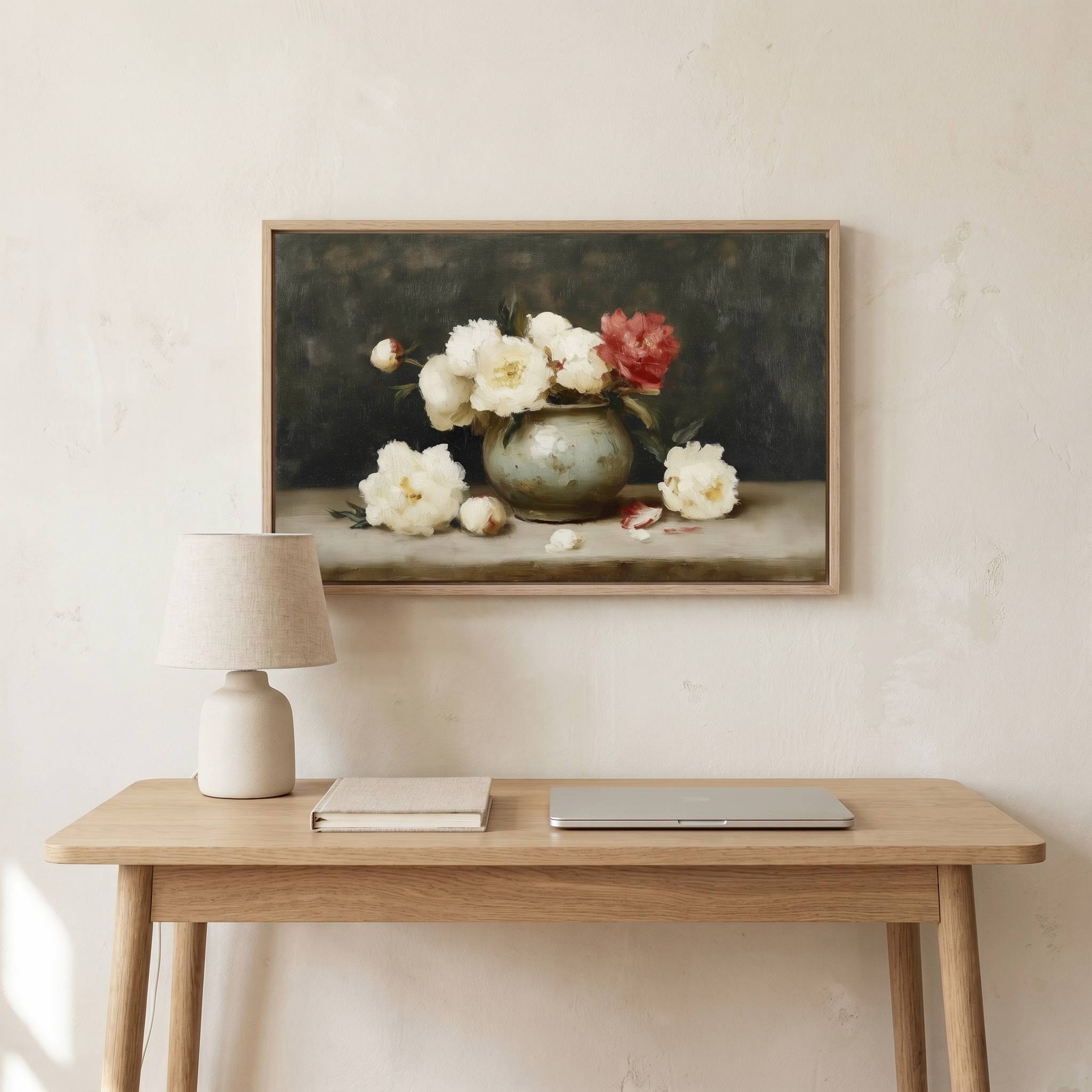 Be Still | Psalm 46:10 Christian wall art displayed above a modern home office desk, featuring vintage floral artwork that inspires peace, trust, and quiet reflection.