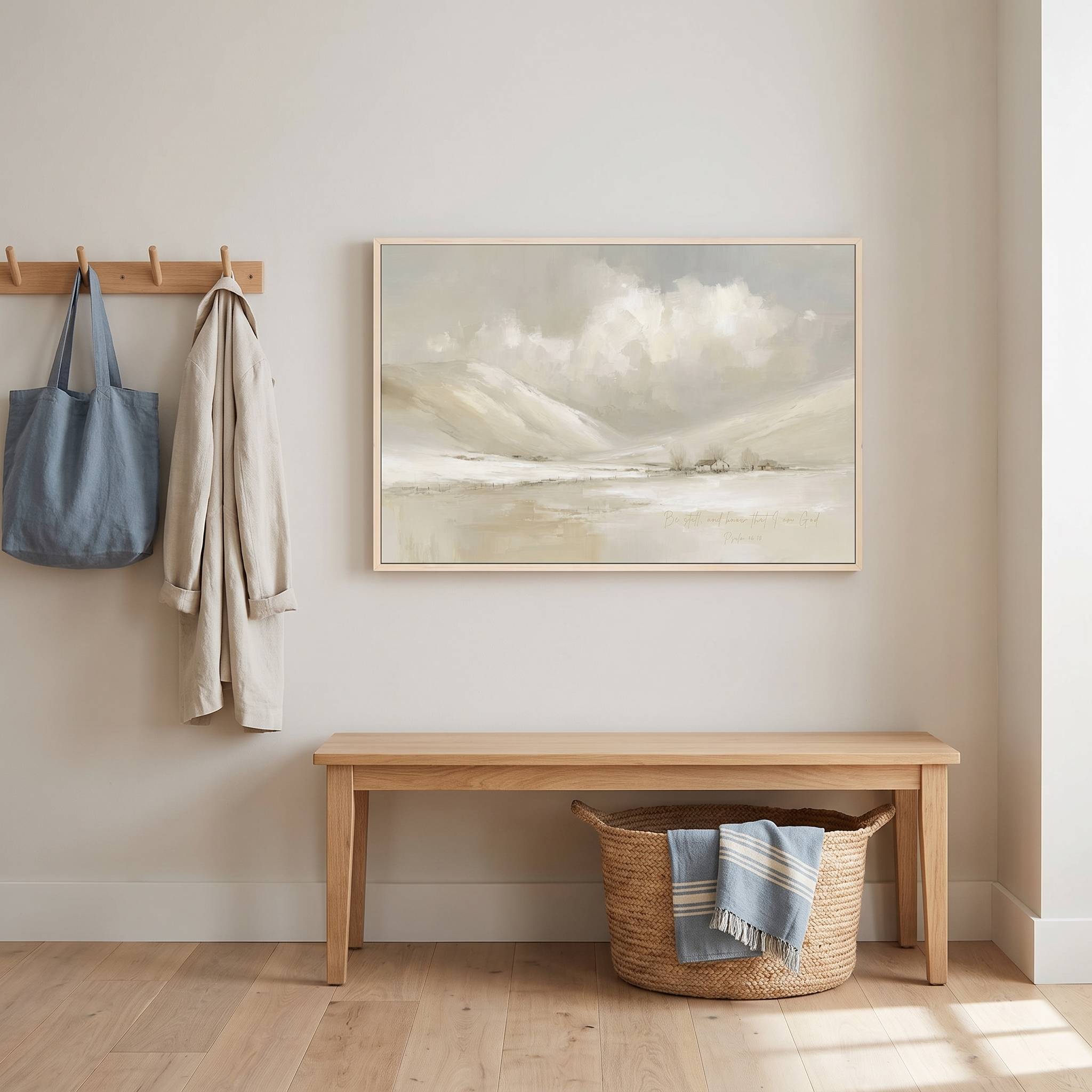 Framed vintage Christian winter landscape wall art titled Be Still and Know with Psalm 46:10 verse, displayed on a beige wall above a light wood bench with wall hooks in a styled entryway.