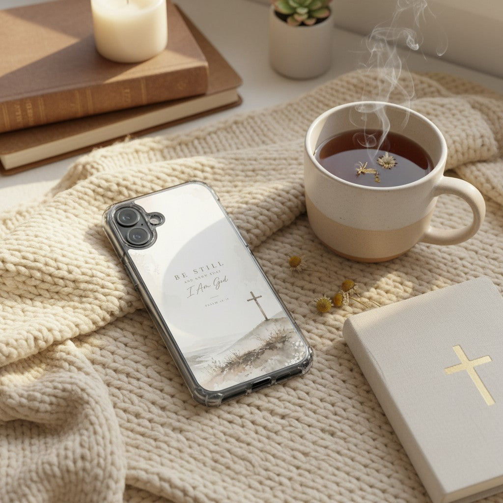 Be Still Psalm 46:10 MagSafe® clear iPhone case featuring soft neutral watercolor landscape artwork with a minimalist Christian cross displayed beside warm tea, books, and a knitted blanket in a cozy devotional bedroom setting