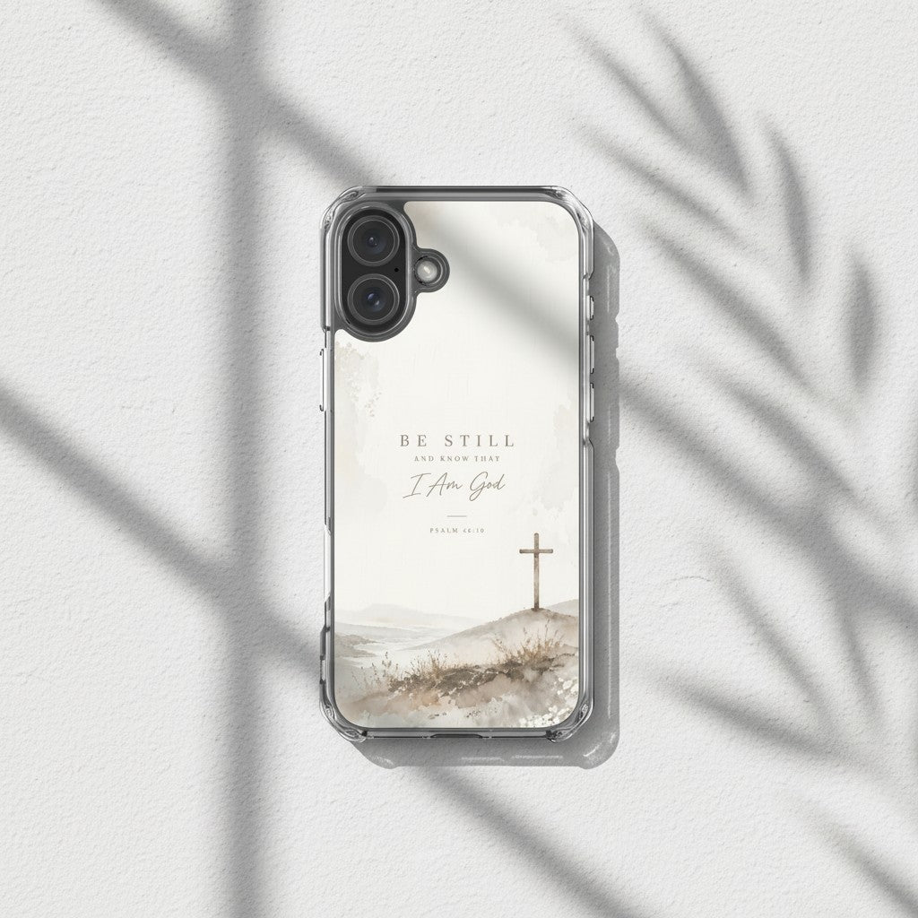 Be Still Psalm 46:10 MagSafe® clear iPhone case featuring soft neutral watercolor landscape artwork with a minimalist Christian cross displayed in warm sunlight with botanical shadows in a peaceful modern devotional aesthetic setting