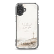 Be Still Psalm 46:10 MagSafe® clear iPhone case featuring peaceful ocean watercolor artwork with calming Christian Scripture-inspired aesthetic design