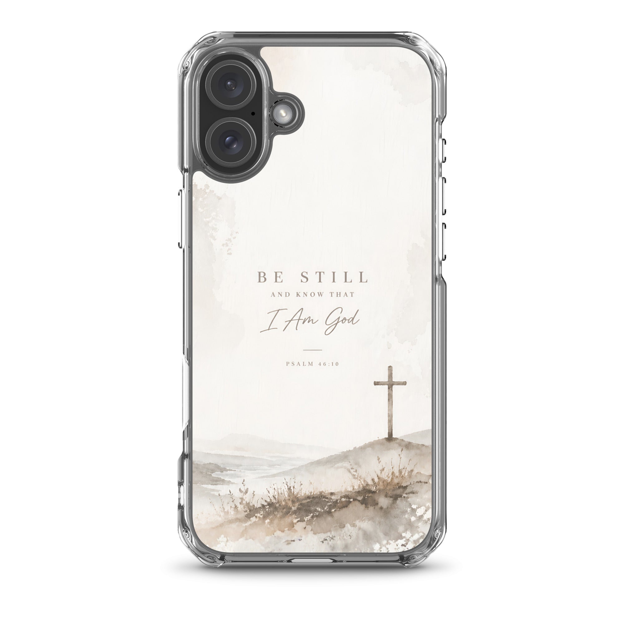 Be Still Psalm 46:10 MagSafe® clear iPhone case featuring peaceful ocean watercolor artwork with calming Christian Scripture-inspired aesthetic design