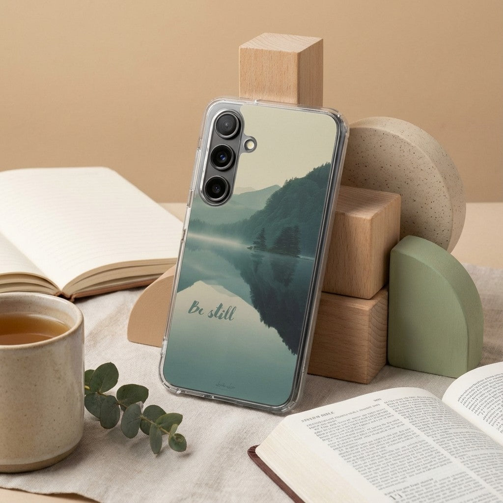 Psalm 46:10 "Be Still" Samsung Galaxy Case - Misty Mountain & Lake Christian Cover