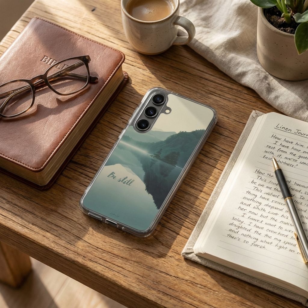 Psalm 46:10 "Be Still" Samsung Galaxy Case - Misty Mountain & Lake Christian Cover