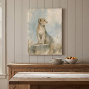 Be Strong and Courageous lion cub Christian canvas wall art above a wooden dining room sideboard with plates and fruit against a beige paneled wall.