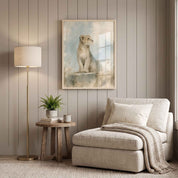 Framed Be Strong and Courageous lion cub Christian wall art above a cream reading chair with a knitted throw beside a floor lamp and potted fern.