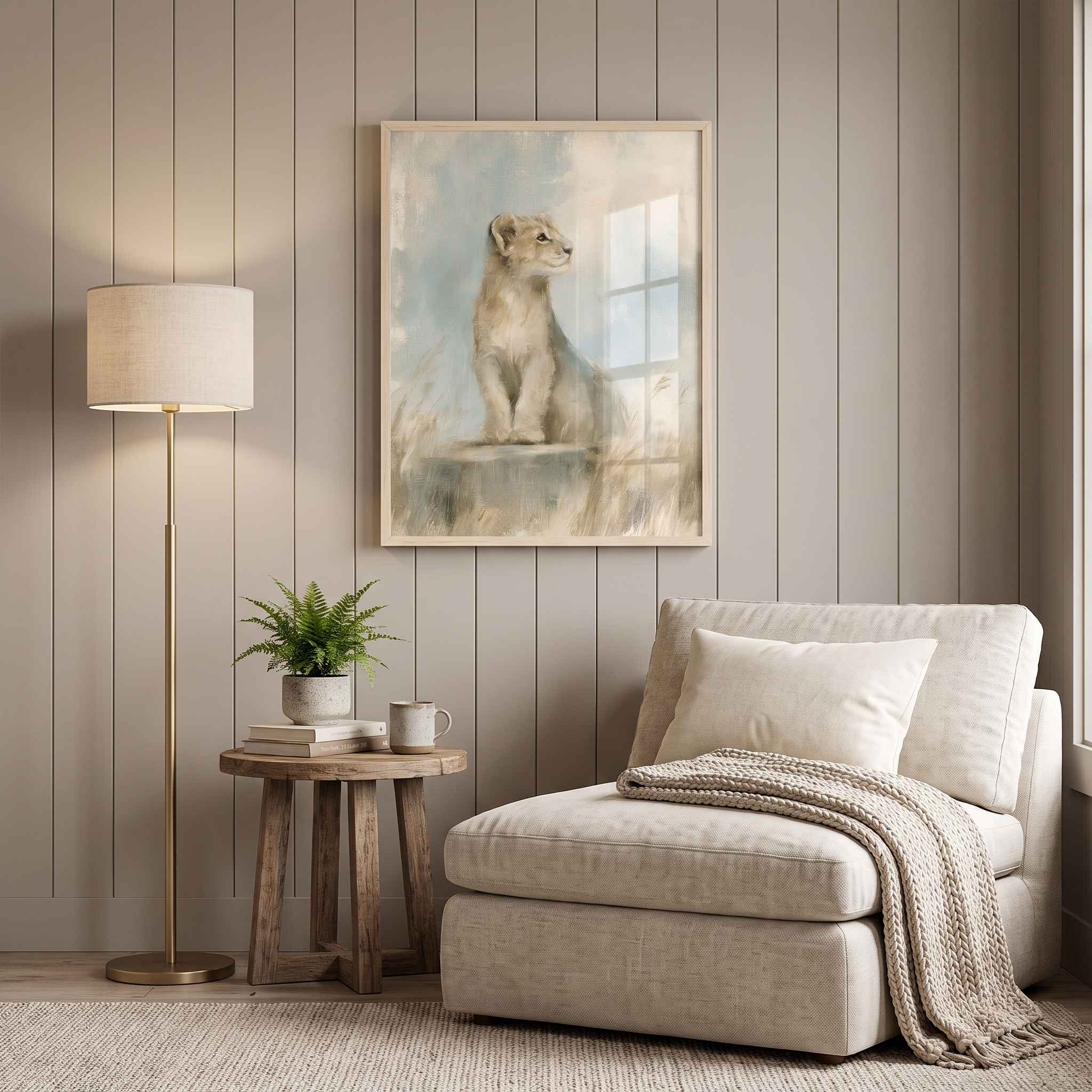 Framed Be Strong and Courageous lion cub Christian wall art above a cream reading chair with a knitted throw beside a floor lamp and potted fern.