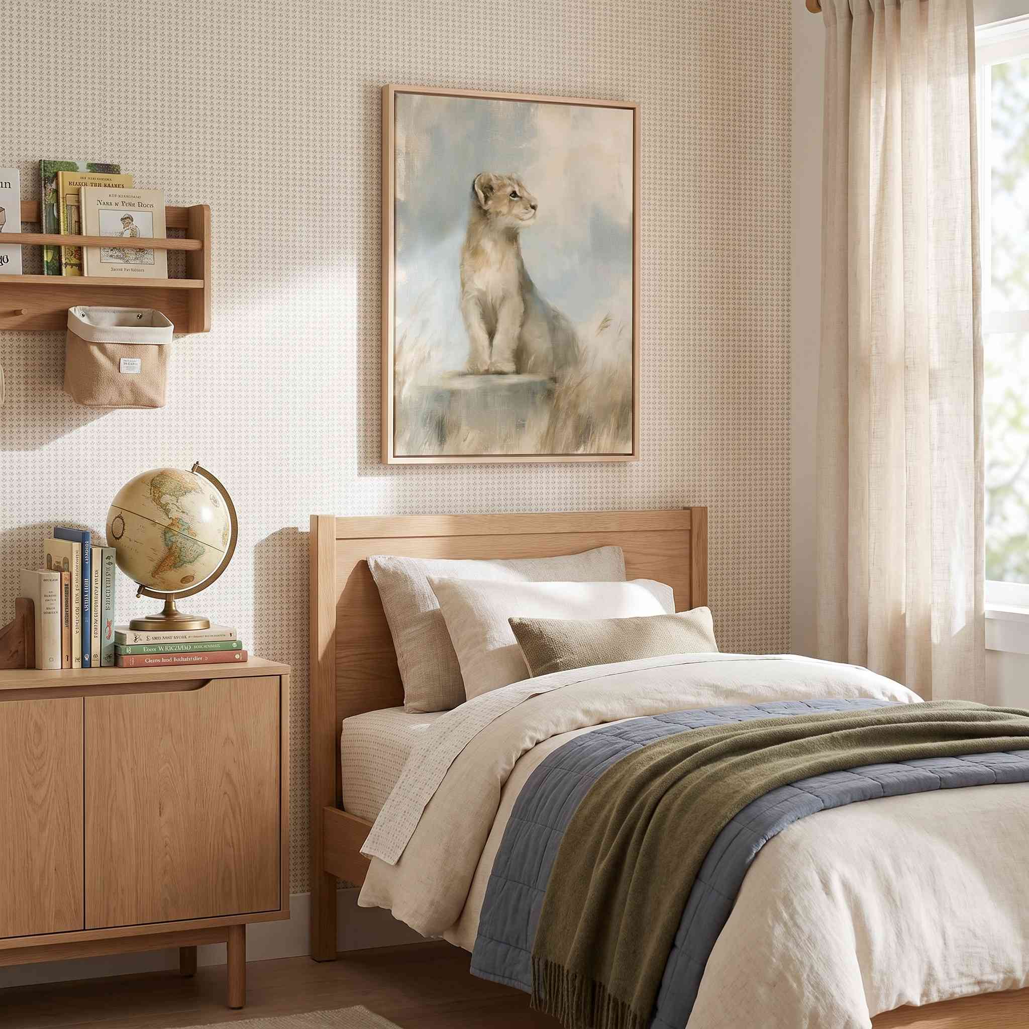 Be Strong and Courageous lion cub Christian kids wall art above a wooden bed with cream bedding and blue and green throws beside books and a globe.