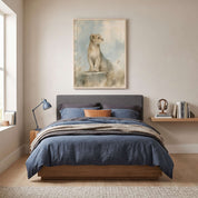 Framed Be Strong and Courageous lion cub Christian wall art above a bed with blue bedding and a tan accent pillow in a youth bedroom.