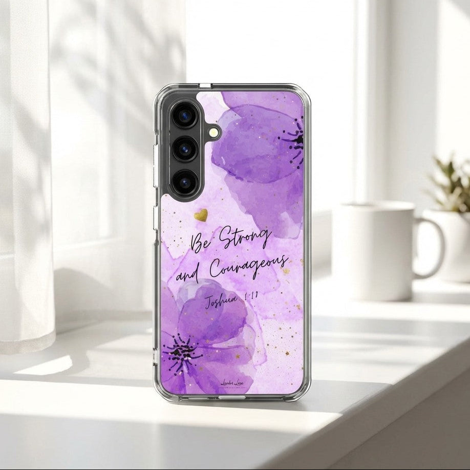 Christian Samsung Phone case with purple floral design and motivational text on a white surface