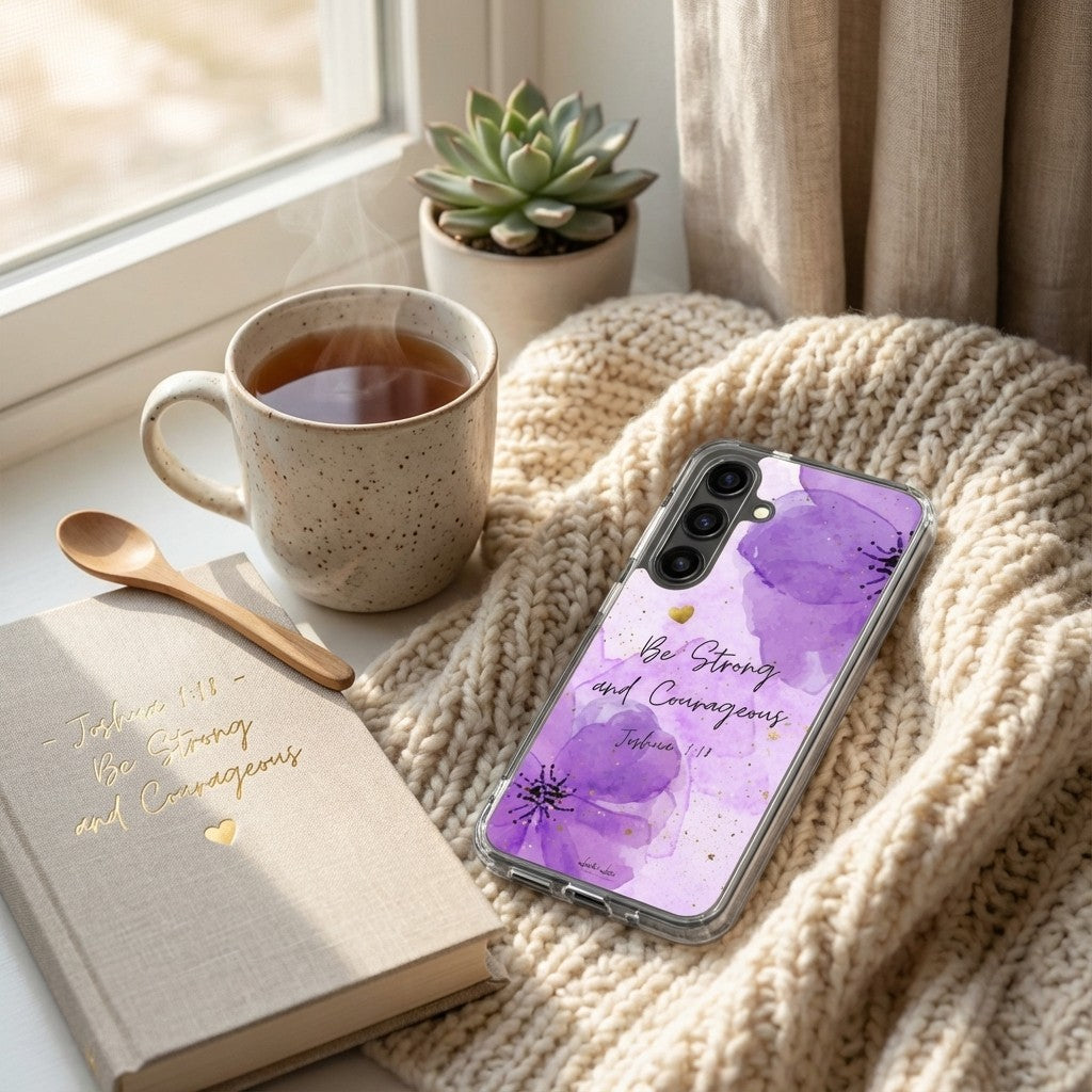 Christian Samsung galaxy phone case with purple floral design and motivational quote on a cozy setting with mug, book, and plant.