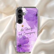 Christian Samsung phone case with purple abstract design and motivational text on a soft fabric.