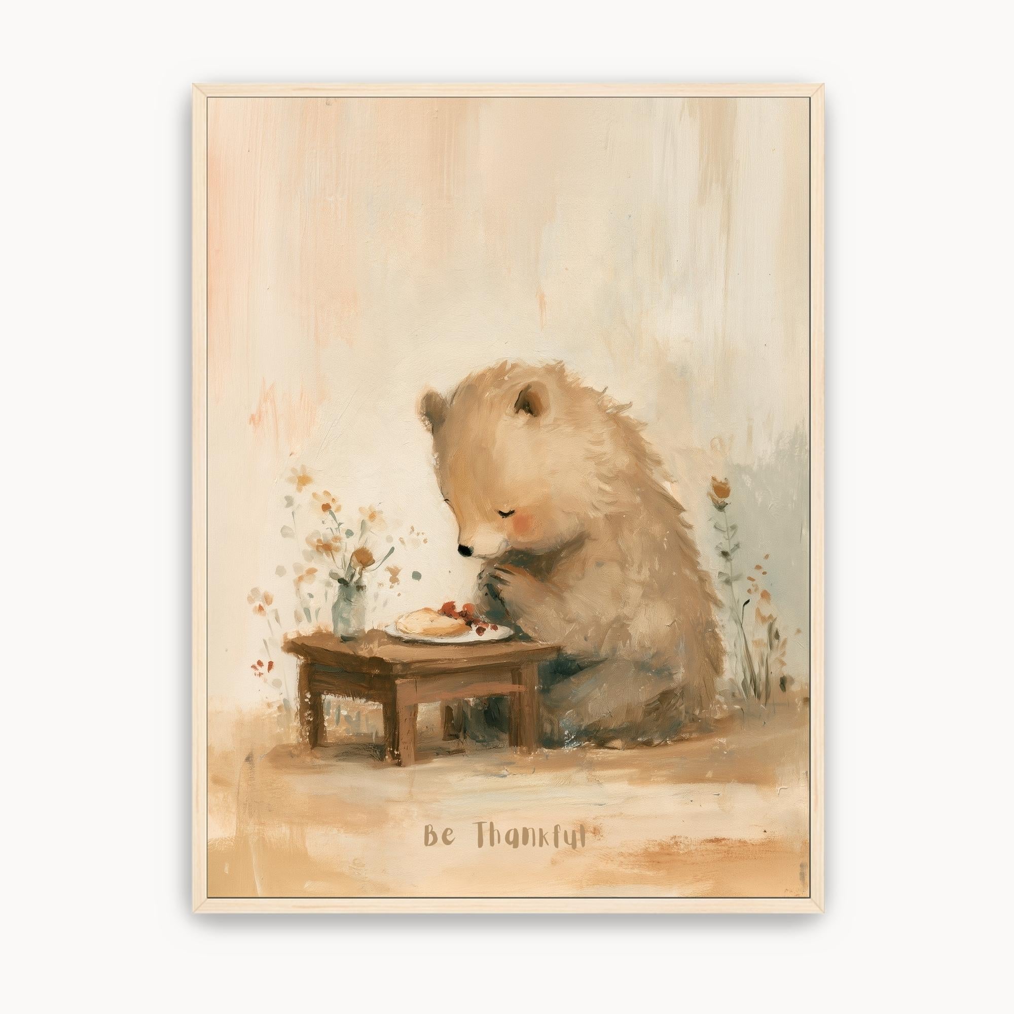 Be Thankful Christian kids wall art featuring a little bear praying before a meal at a wooden table, with flowers and warm neutral tones in a light wood frame.