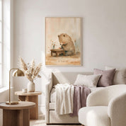 Framed Be Thankful praying bear Christian wall art above a cream sofa, styled with blush cushions and neutral decor in a sunlit living room.