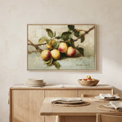 Bear Much Fruit | John 15:8 Christian wall art displayed above a modern dining room sideboard, featuring vintage fruit artwork inspired by John 15 and symbolizing a fruitful life in Christ.