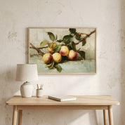 Bear Much Fruit | John 15:8 Christian wall art displayed above a modern home office desk, featuring vintage fruit artwork inspired by John 15 and symbolizing a fruitful life through abiding in Christ.
