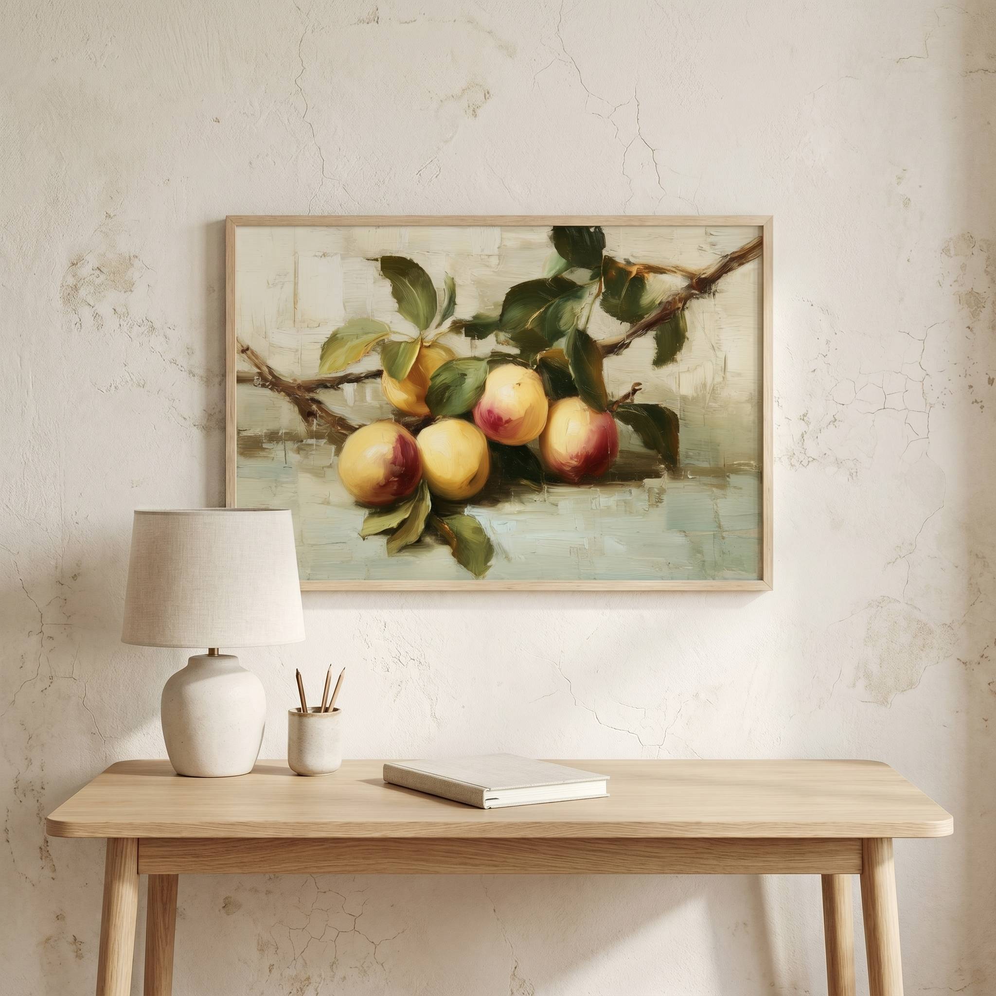 Bear Much Fruit | John 15:8 Christian wall art displayed above a modern home office desk, featuring vintage fruit artwork inspired by John 15 and symbolizing a fruitful life through abiding in Christ.