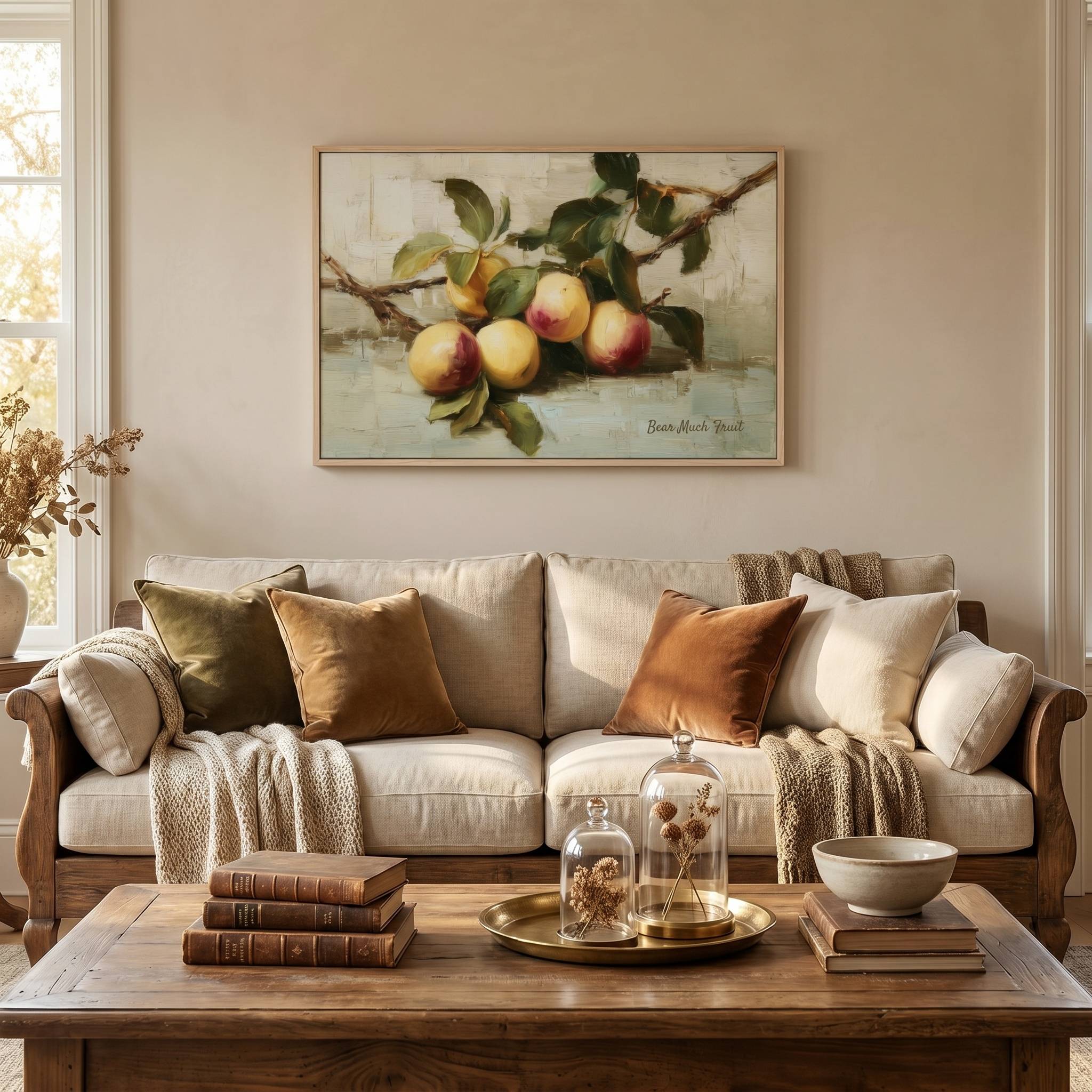 Bear Much Fruit | John 15:8 Christian wall art displayed above a cozy living room sofa, featuring vintage fruit artwork inspired by John 15 and symbolizing a fruitful life through abiding in Christ.