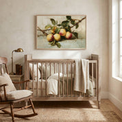 Bear Much Fruit | John 15:8 Christian wall art displayed above a nursery crib, featuring vintage fruit artwork inspired by John 15 and symbolizing a life that bears fruit through abiding in Christ.