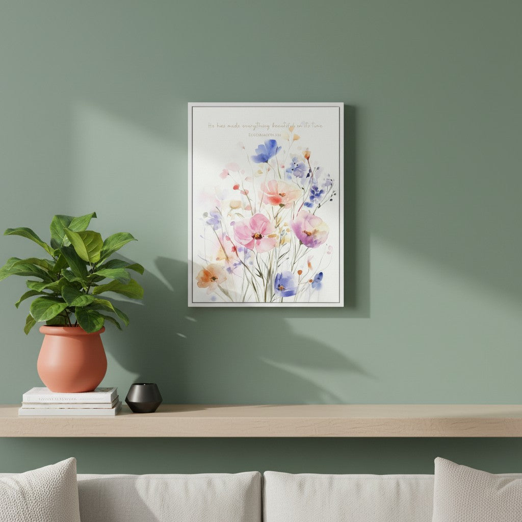 Christian floral wall art with wildflowers and Ecclesiastes 3:11 verse, framed and styled on a soft green wall with home decor accents.