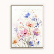 “Beautiful in His Time” watercolor floral Scripture canvas featuring Ecclesiastes 3:11 in soft pastel wildflowers.