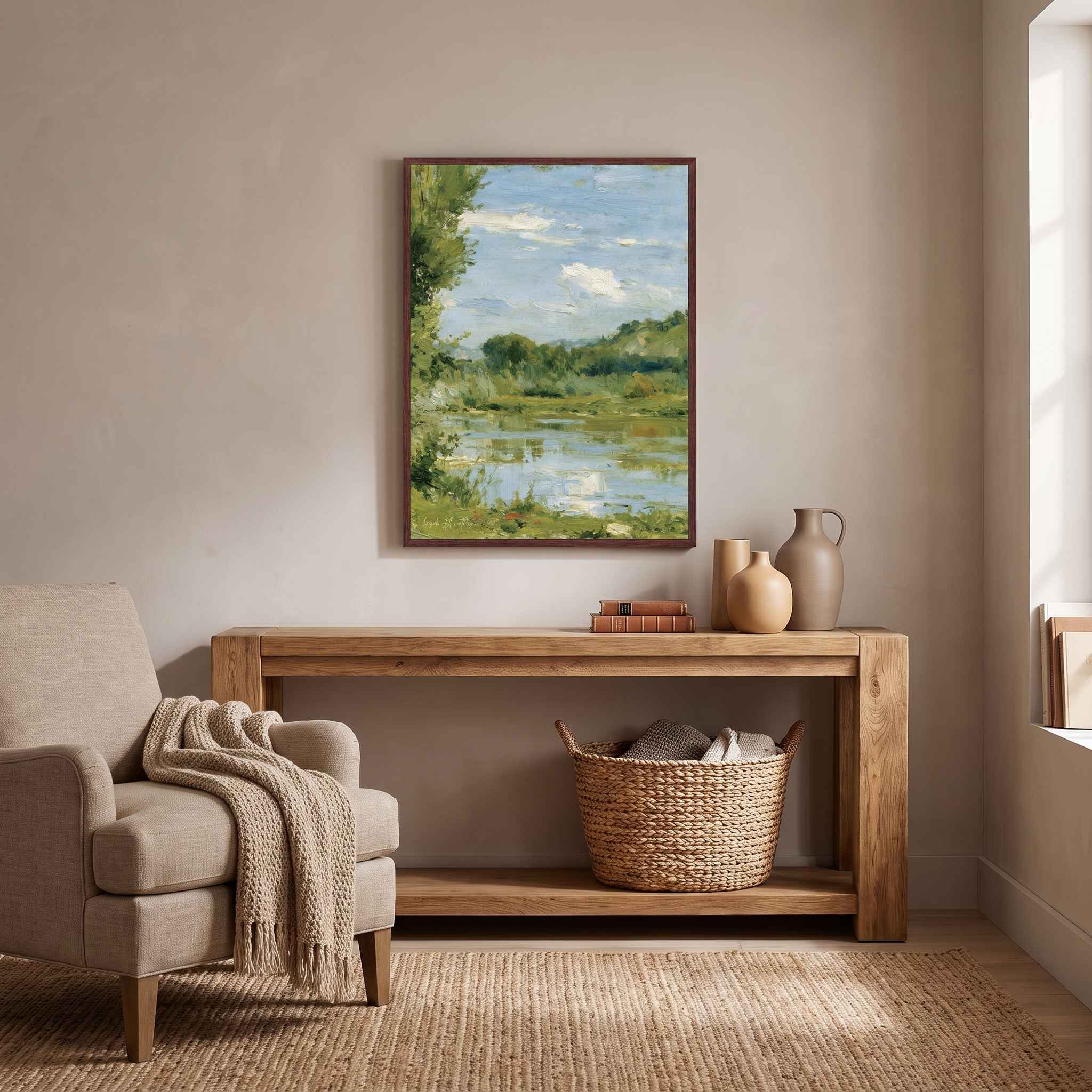 Framed Beside Still Waters Christian wall art displayed on a beige living room wall above a wooden console table and cozy armchair.