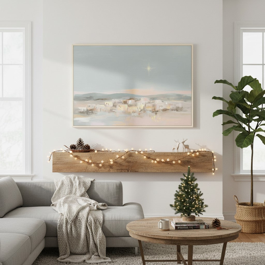 Romans 8:11 watercolor forest scripture canvas displayed above a sofa in a modern living room.