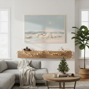 Romans 8:11 watercolor forest scripture canvas displayed above a sofa in a modern living room.