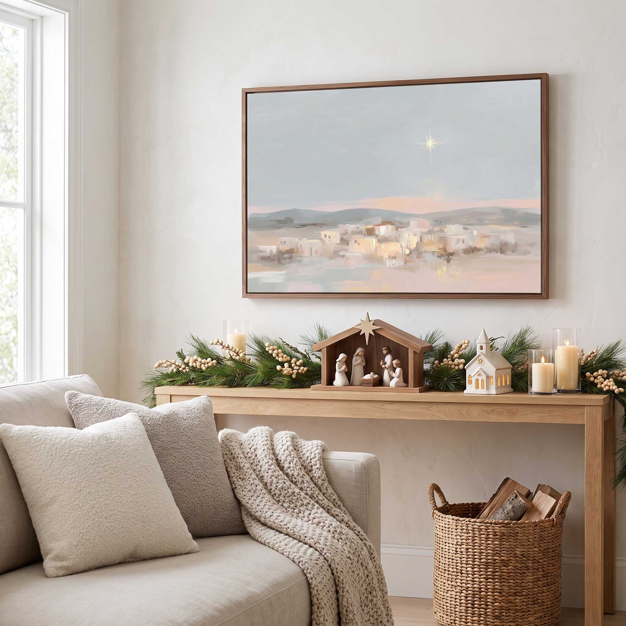 Framed Bethlehem star Christmas wall art showing a quiet winter village under a radiant night sky, displayed above a console table with seasonal decor.