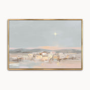 Watercolor Christian Christmas wall art showing the radiant Star of Bethlehem above the quiet Nativity town, with deep indigo and violet skies and warm golden light.