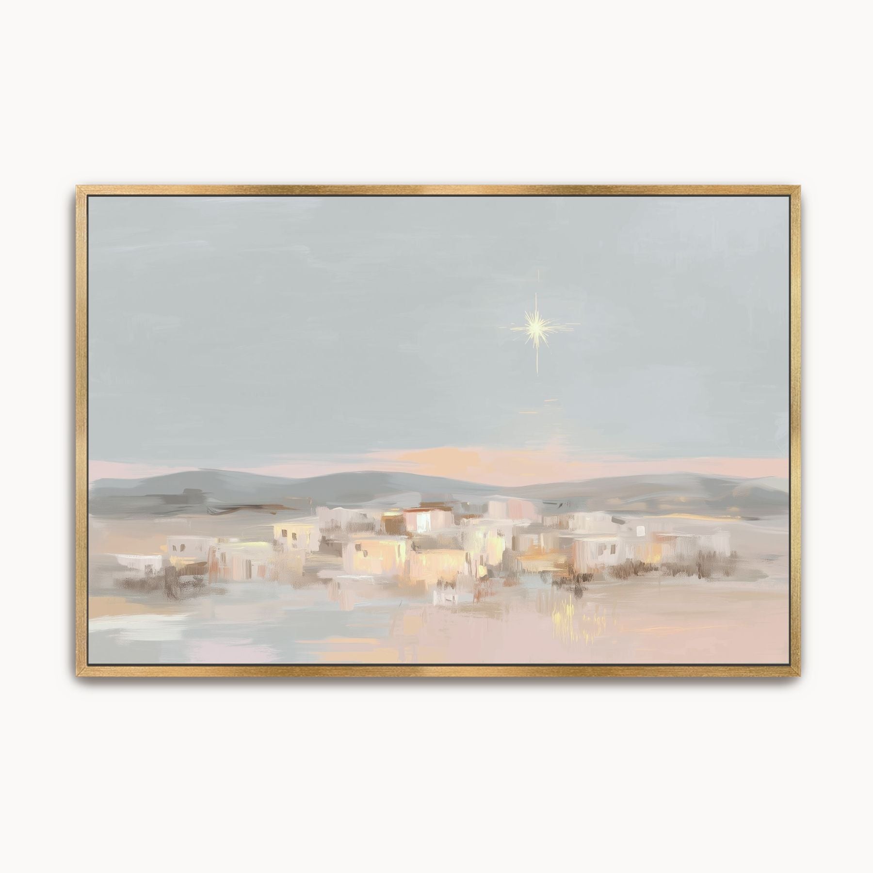 Watercolor Christian Christmas wall art showing the radiant Star of Bethlehem above the quiet Nativity town, with deep indigo and violet skies and warm golden light.