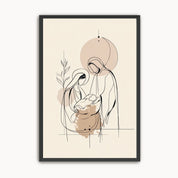 Minimalist black line art print of the Nativity showing Mary, Joseph, and baby Jesus with neutral beige and earth tones in a thin black frame.