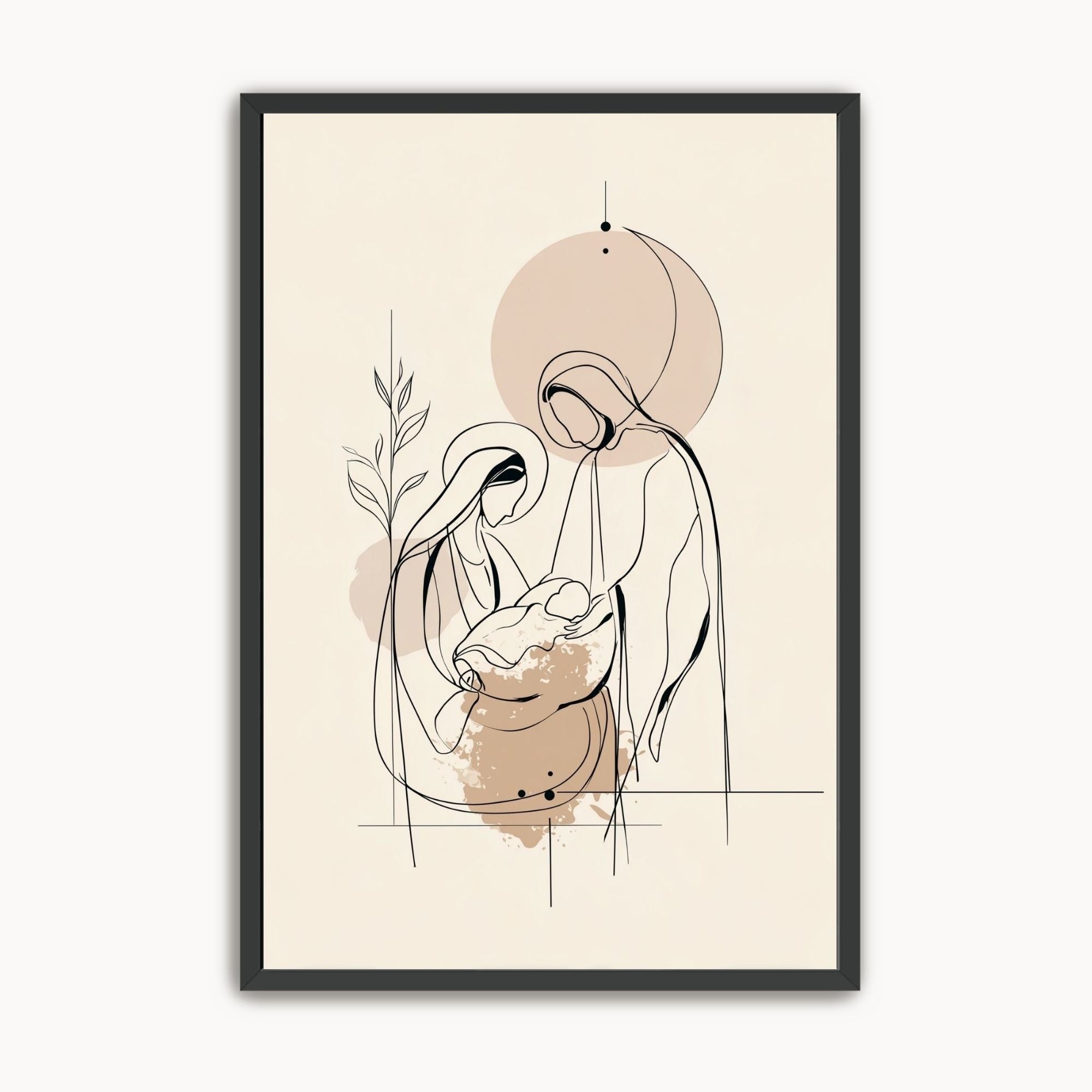 Minimalist black line art print of the Nativity showing Mary, Joseph, and baby Jesus with neutral beige and earth tones in a thin black frame.