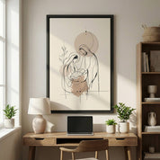 Minimalist Birth of Jesus Christian wall art in neutral line art above desk in modern home office