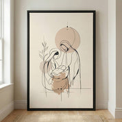 Large minimalist Birth of Jesus Christian wall art in black frame