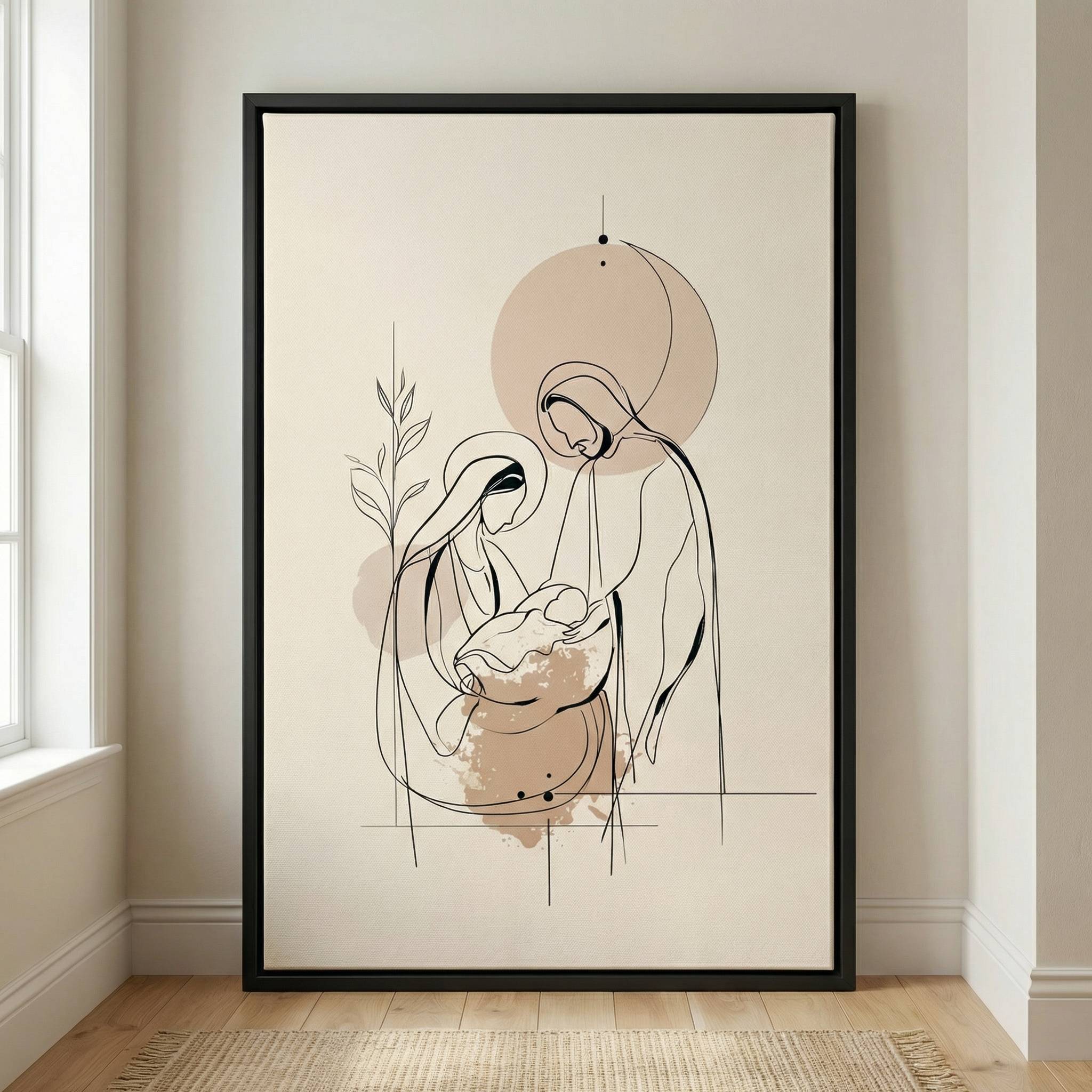 Large minimalist Birth of Jesus Christian wall art in black frame