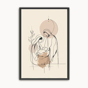 Minimalist Birth of Jesus Christian wall art in neutral beige line art style