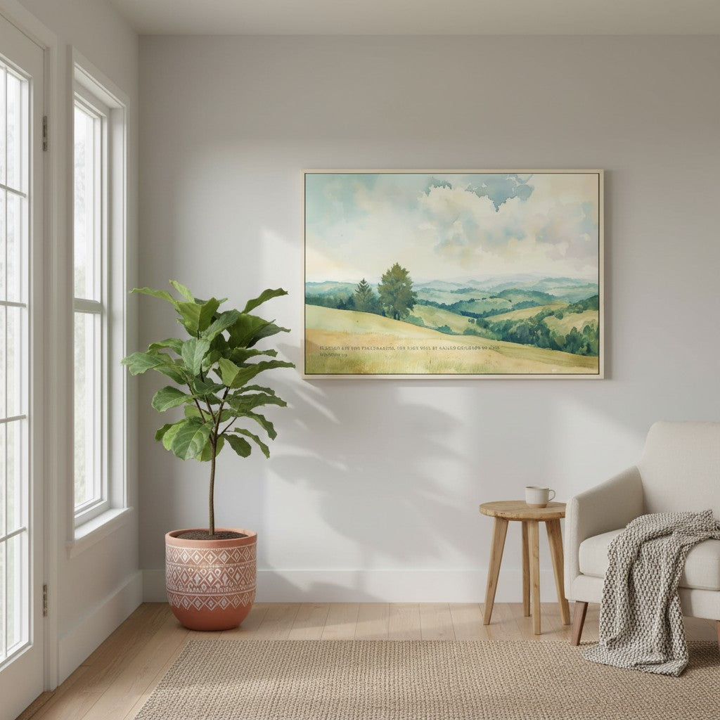 Blessed are Peacemakers watercolor canvas displayed above a console table with plants.