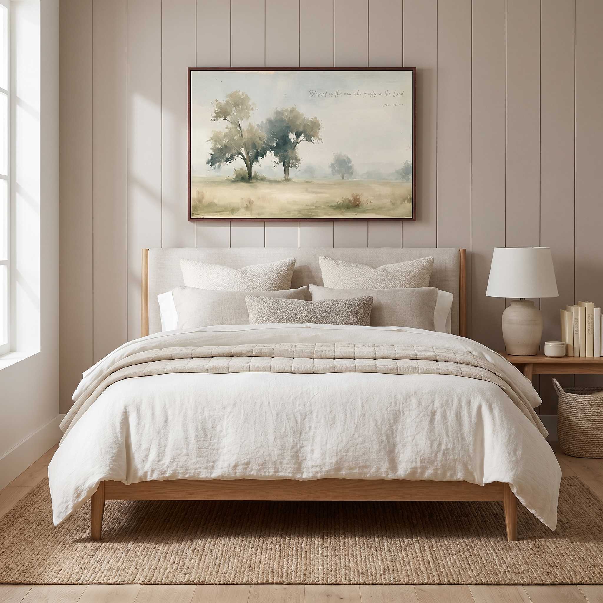 Framed vintage Jeremiah 17:7 Christian landscape canvas wall art hanging above a light wooden bed with cream bedding in a soft organic modern bedroom.