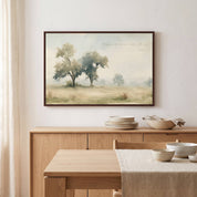 Framed vintage Jeremiah 17:7 Christian landscape canvas wall art hanging above a light wood sideboard in a soft organic modern dining room.